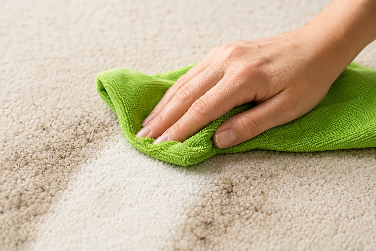 Wiping carpet with a green microfiber cloth