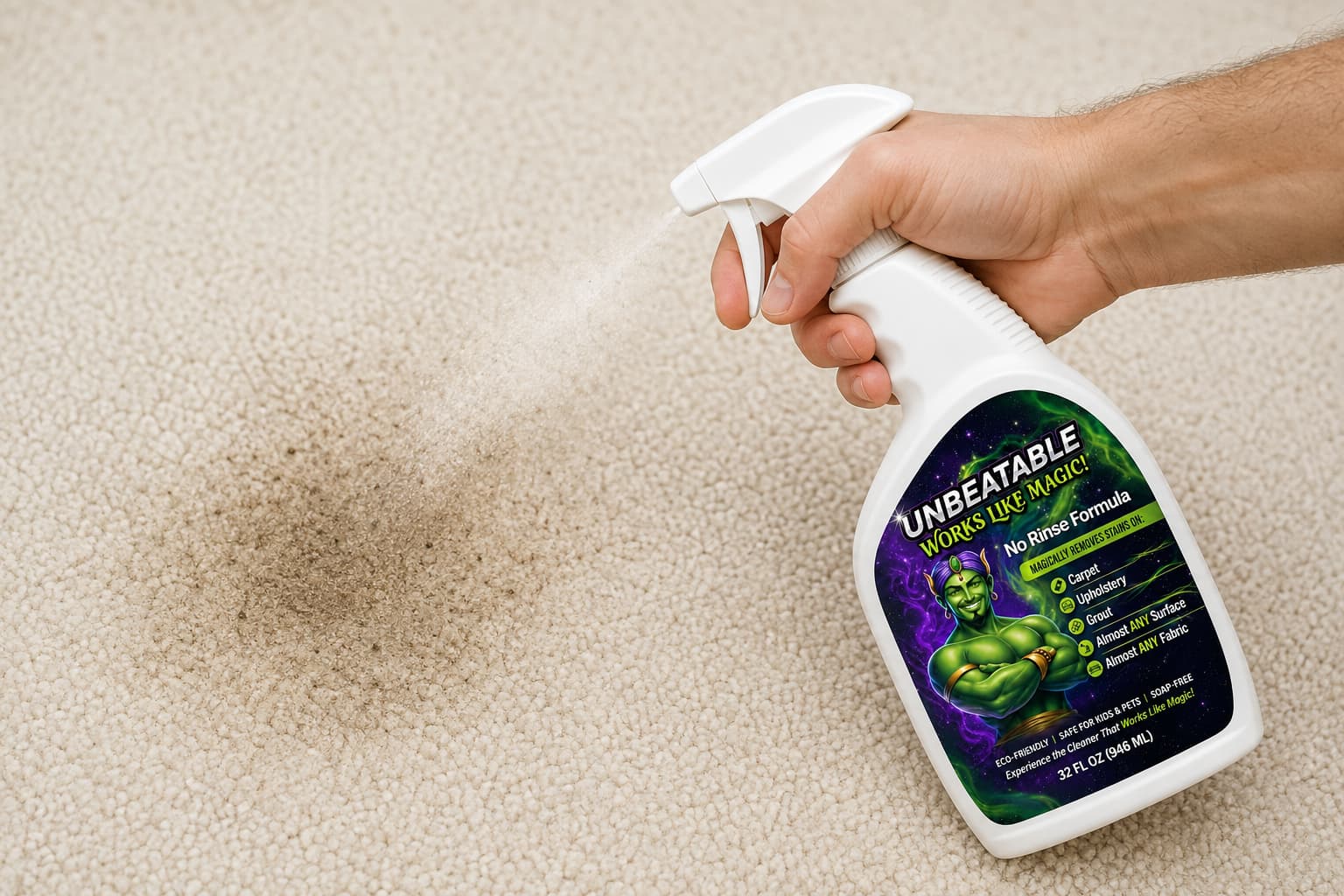 Spraying Unbeatable cleaner onto dirty carpet